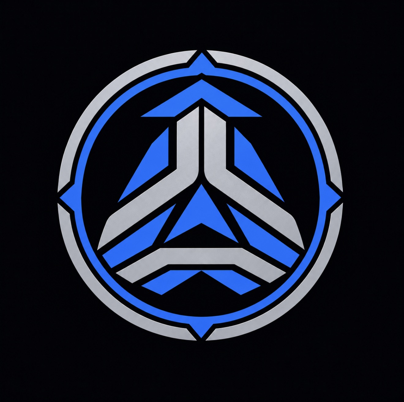 The PACT emblem: three silver arms united inside an electric blue ring