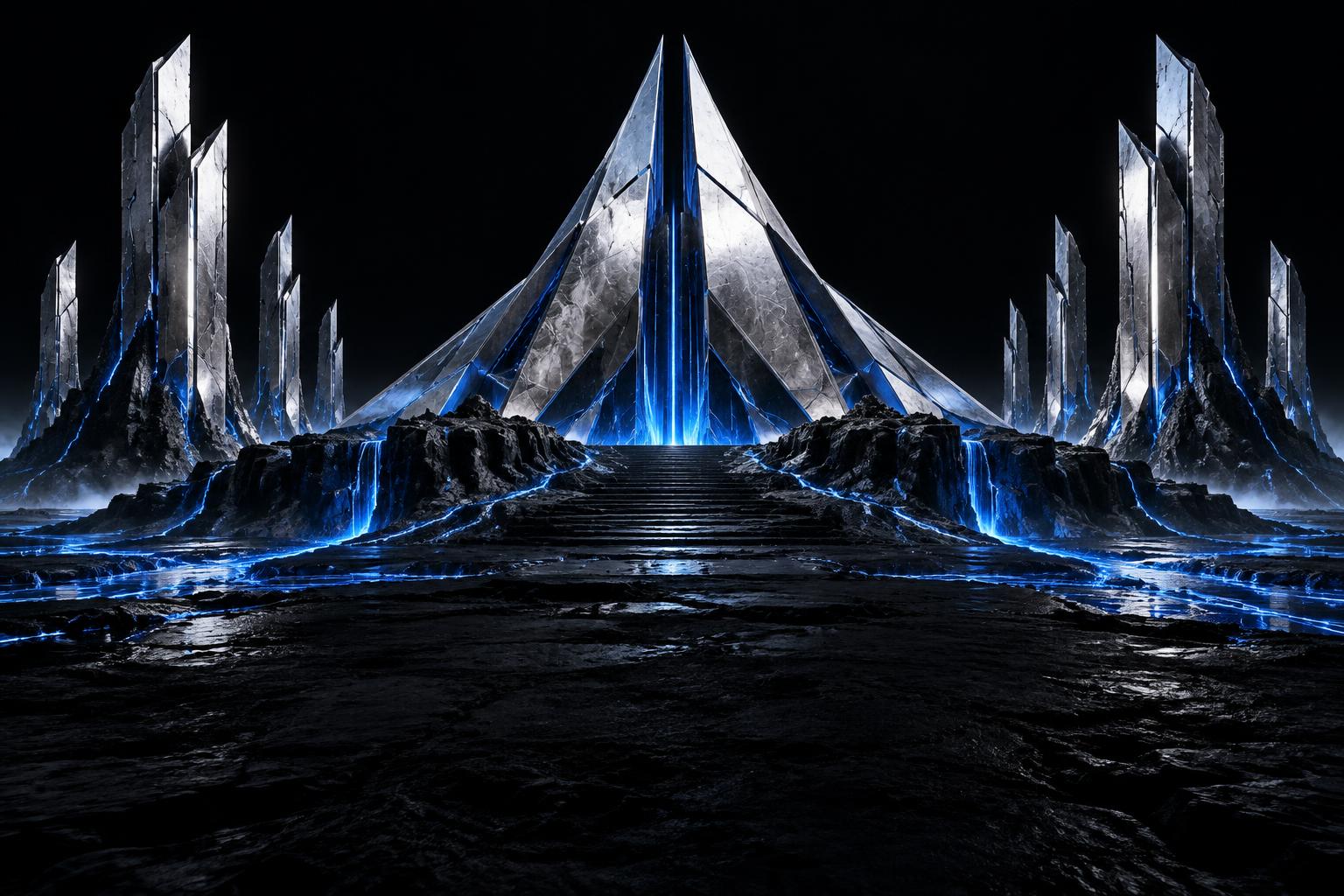 Monumental silver citadel illuminated by electric blue energy